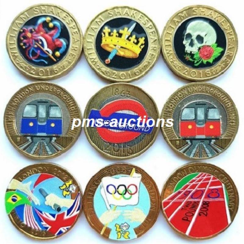 £2 Commemorative Colour Coin Decals Sticker Sets - Choose from Olympic, Shakespeare or Underground