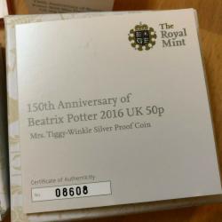 2016 Mrs Tiggy-Winkle 50p Royal Mint Silver Proof Coin with COA