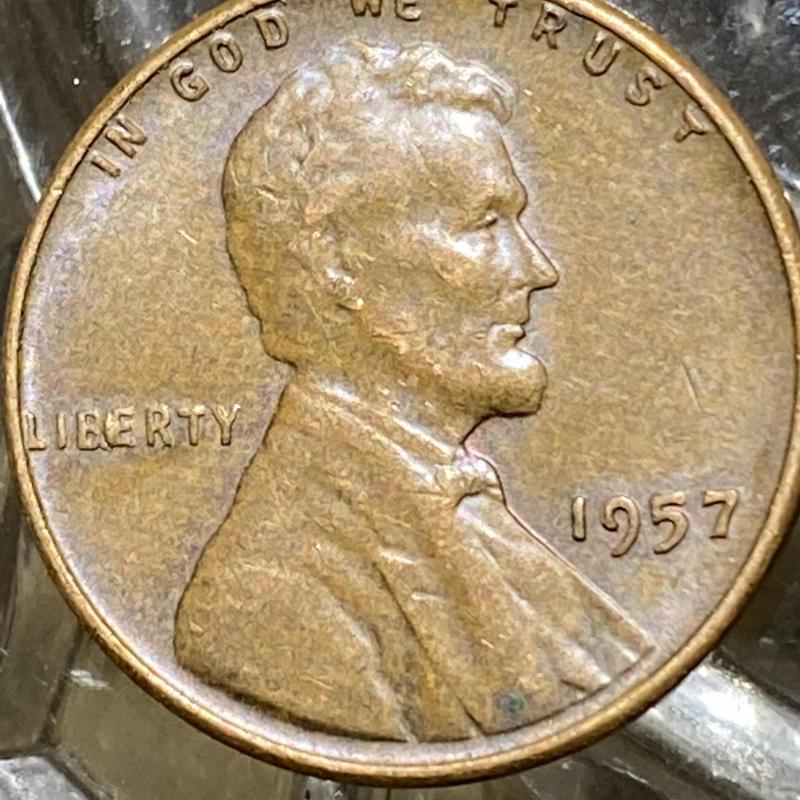 1957 ABRAHAM LINCOLN WHEAT CENT OR PENNY W/ “BIE” DIE CLASH VARIETY MINT ERROR