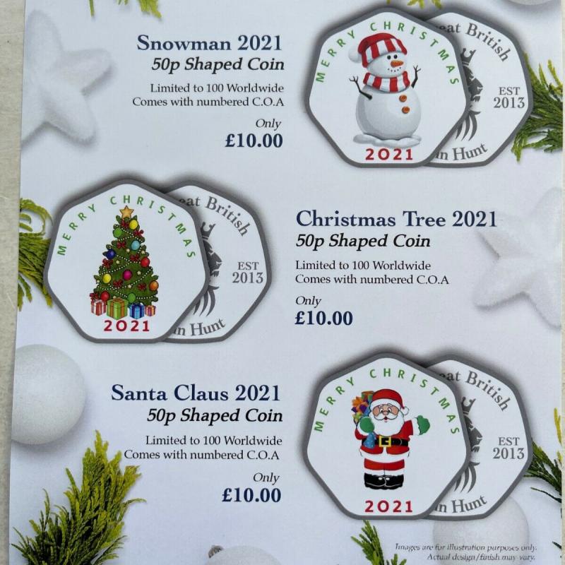 Christmas Series 50p Shaped Coins Snowman Santa Tree Leaflet Pamphlet Ephemera 