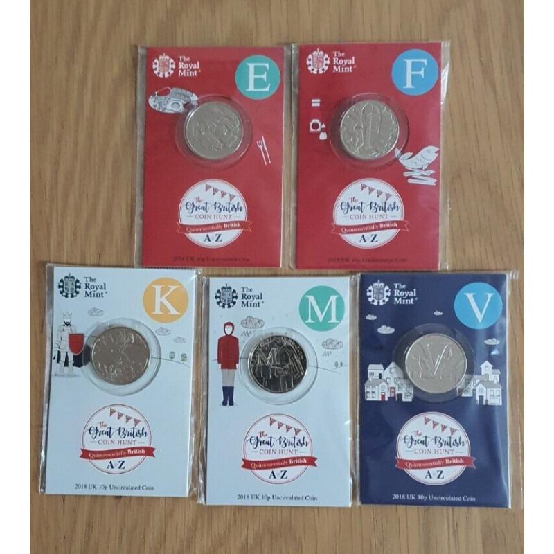 Royal Mint Packaged 2018 A-Z 10p Bundle Of 5 Coins letter E F K M V alphabet 10p